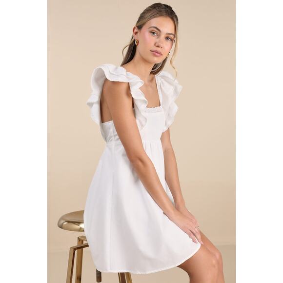 Lulus NWOT Marvelous Time White Ruffled Open Back Empire A-Line Mini Dress Small - Picture 2 of 11